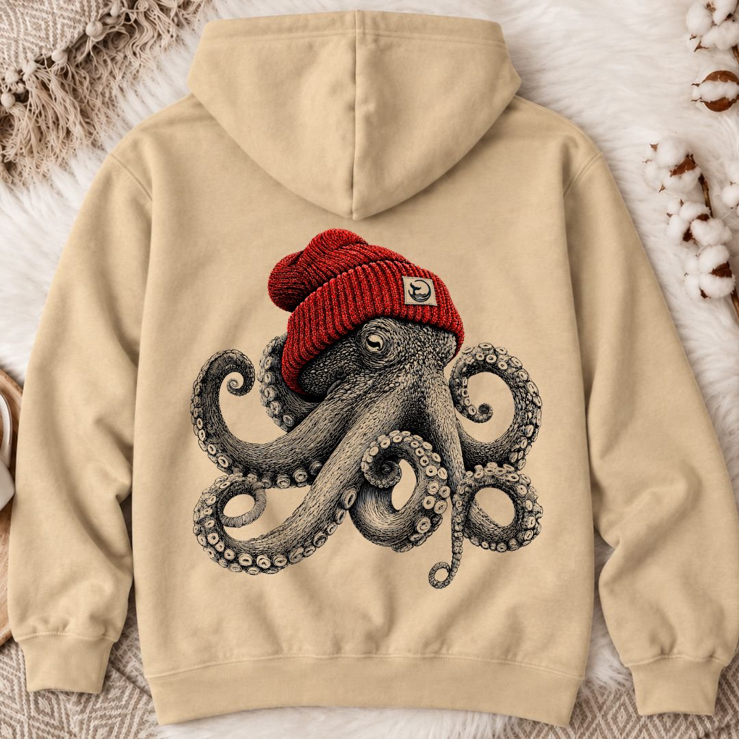 Red Beanie Octopus Back Print Hoodie