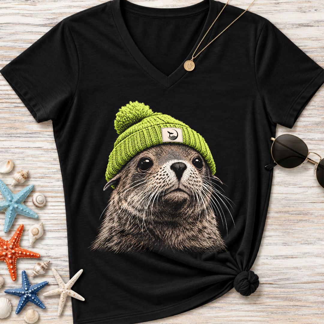 Green Beanie Seal Women's V-Neck T-Shirt