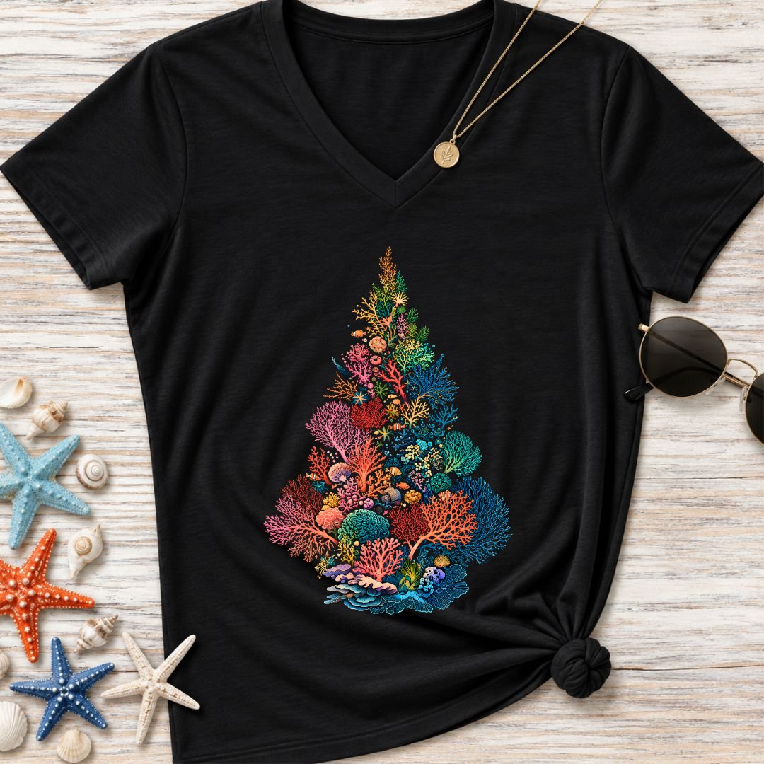 Coral Christmas Tree Women's V-Neck T-Shirt