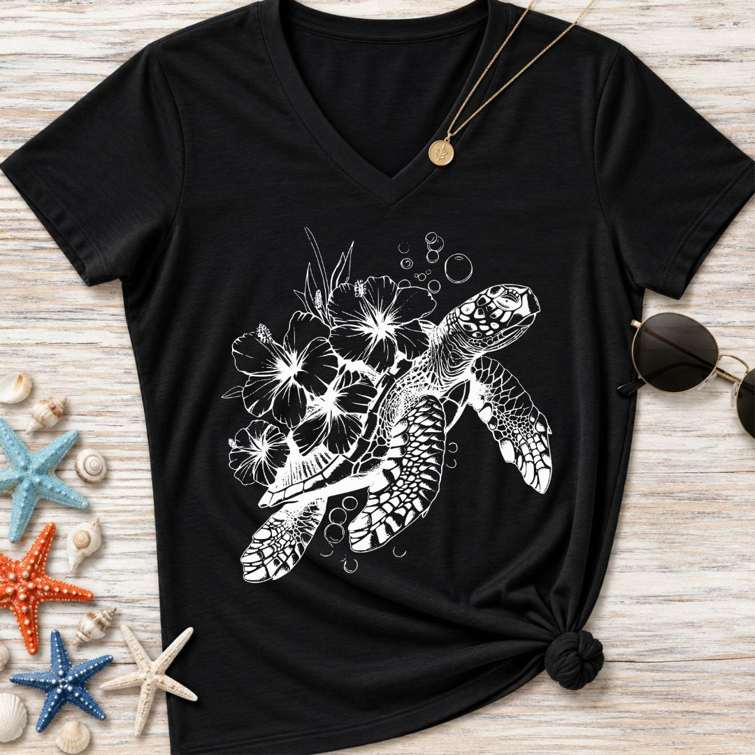 Turtle & Flowers Women's V-Neck T-Shirt