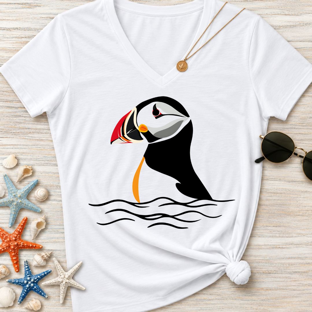 Retro Puffin Women's V-Neck T-Shirt