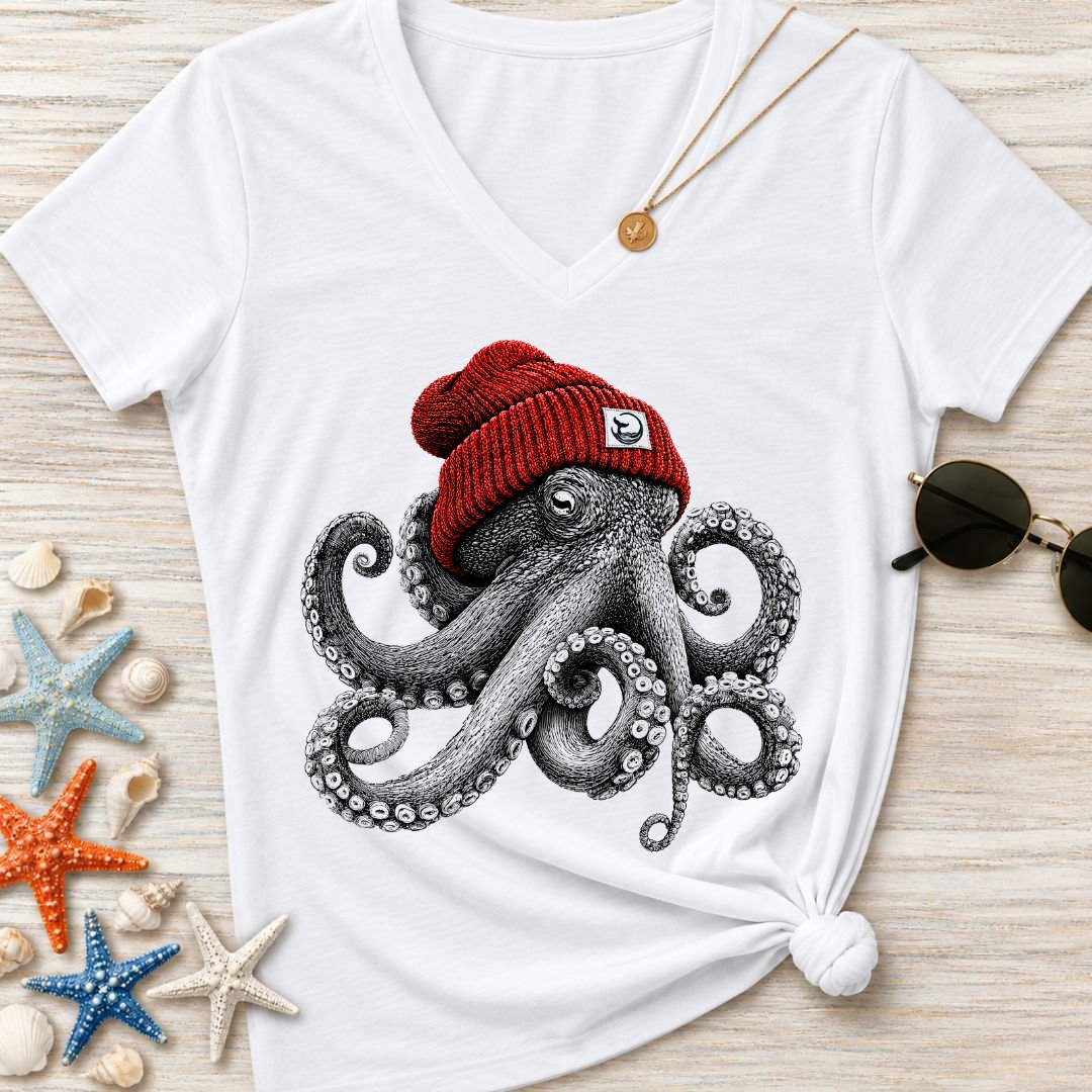 Red Beanie Octopus Women's V-Neck T-Shirt
