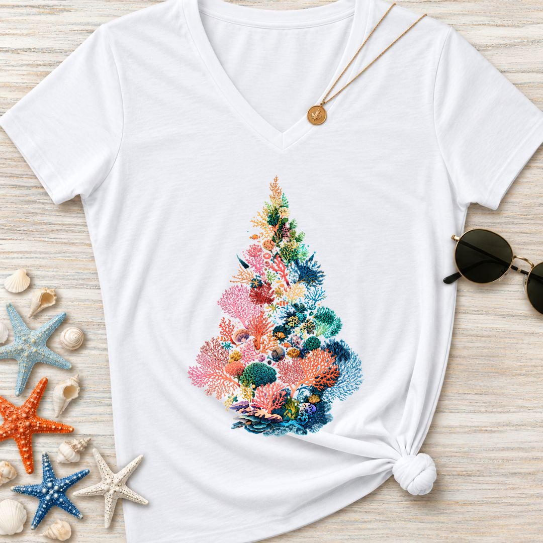 Coral Christmas Tree Women's V-Neck T-Shirt