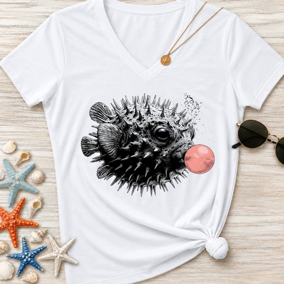 Bubblegum Pufferfish Women's V-Neck T-Shirt