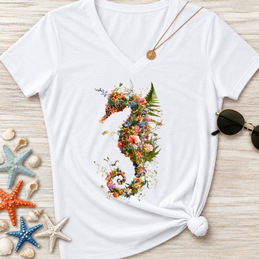 Floral Seahorse Women's V-Neck T-Shirt