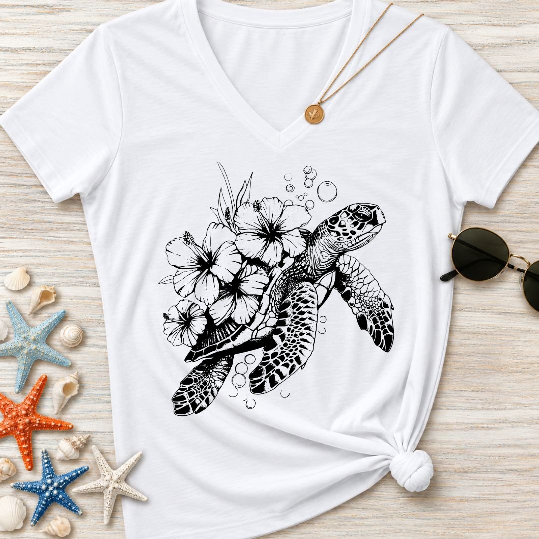 Turtle & Flowers Women's V-Neck T-Shirt