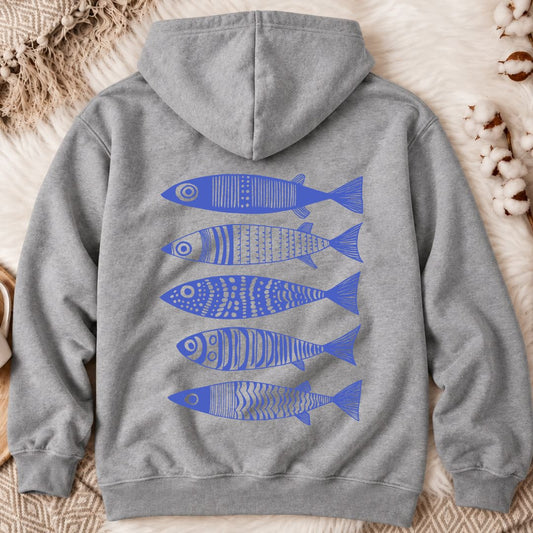 Blue Sardines Back Print Hoodie in Sport Grey - Dolce Reverie