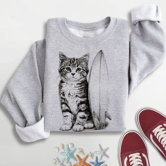 Surfer Cat Sweatshirt in Sport Grey - Dolce Reverie