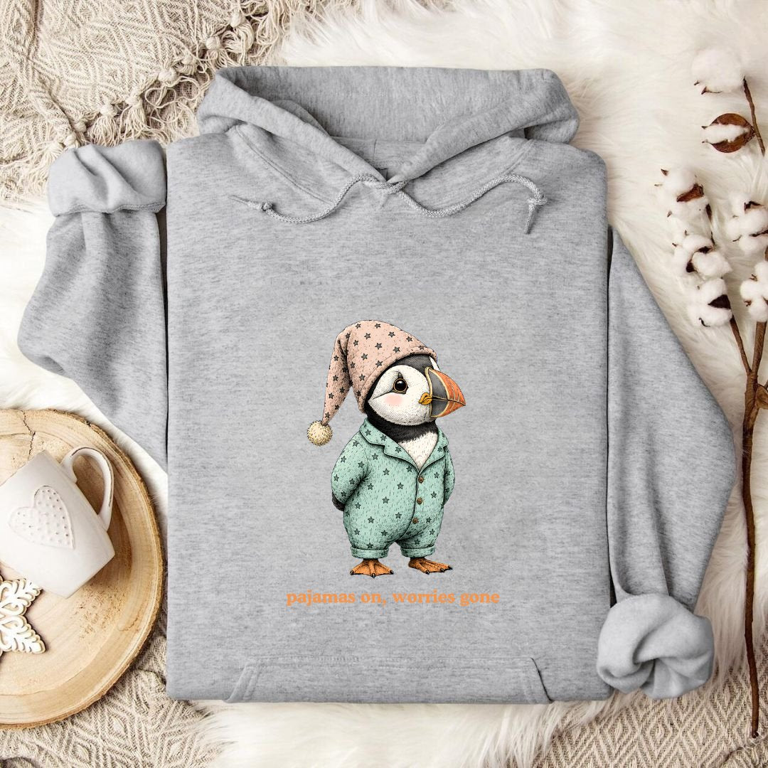 Pajamas On Worries Gone, Puffin Hoodie