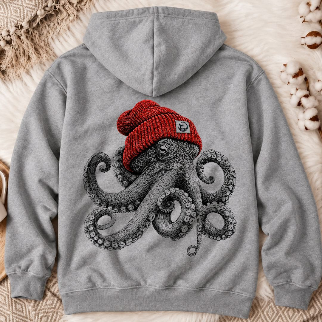 Red Beanie Octopus Back Print Hoodie