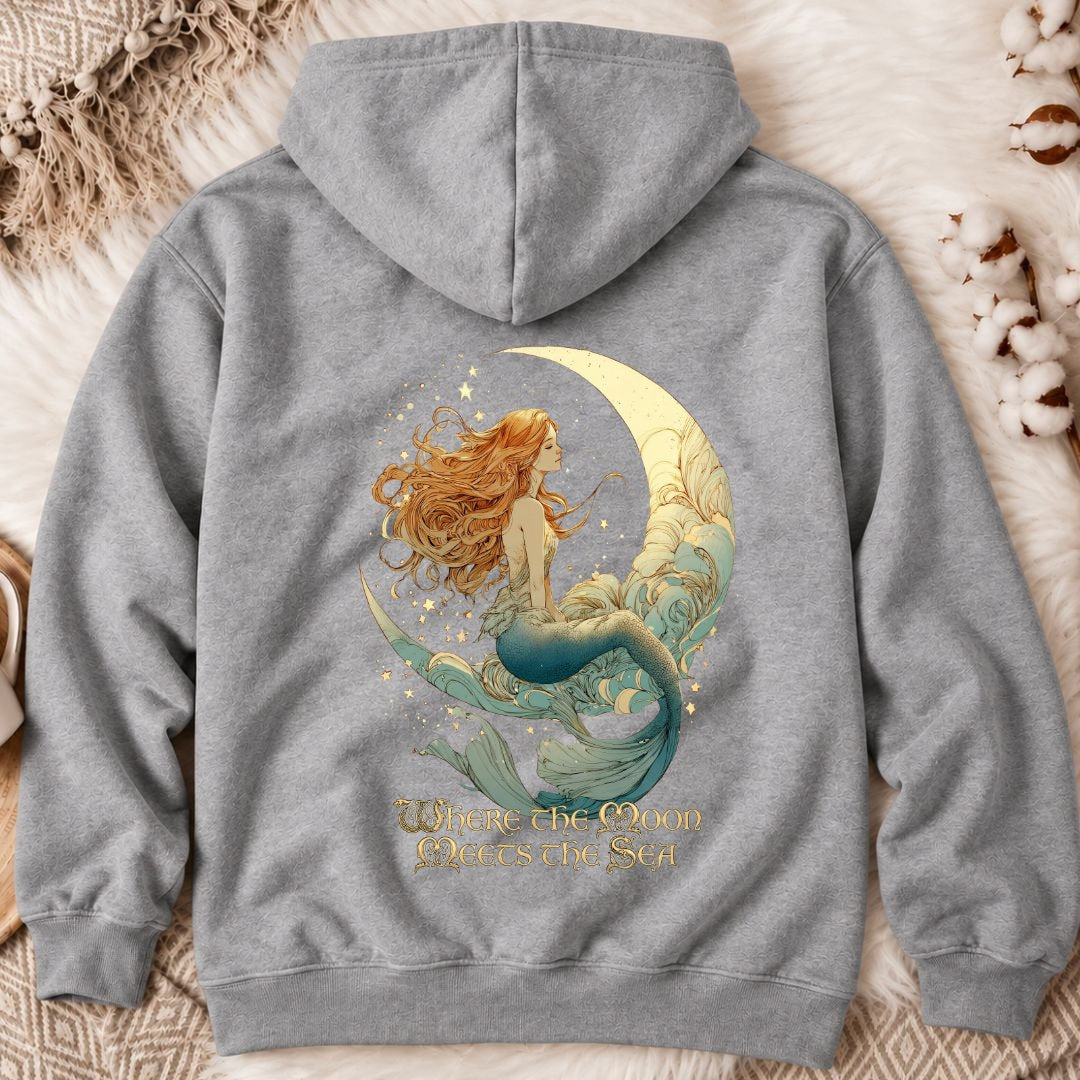 Moon Meets The Sea, Mermaid Back Print Hoodie