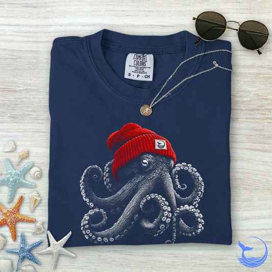 Red Beanie Octopus Comfort Colors T-Shirt in True Navy - Dolce Reverie