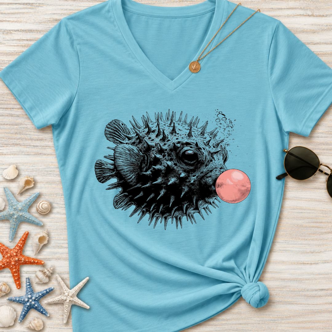 Bubblegum Pufferfish Women's V-Neck T-Shirt