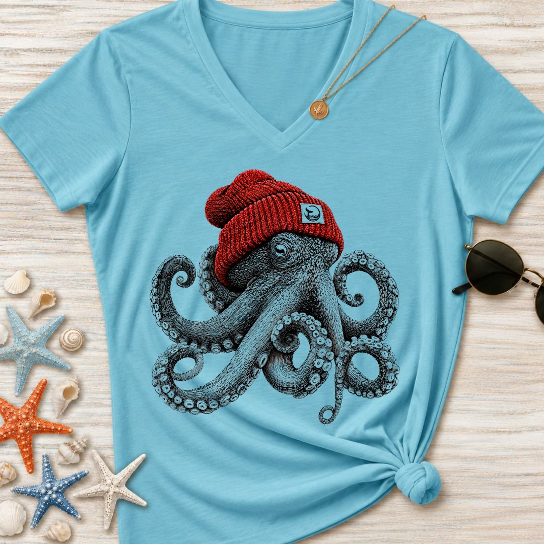 Red Beanie Octopus Women's V-Neck T-Shirt