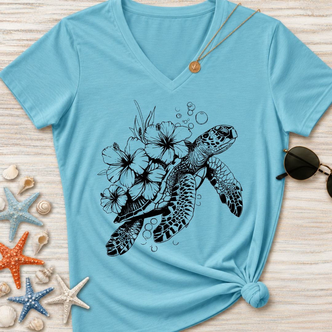Turtle & Flowers Women's V-Neck T-Shirt