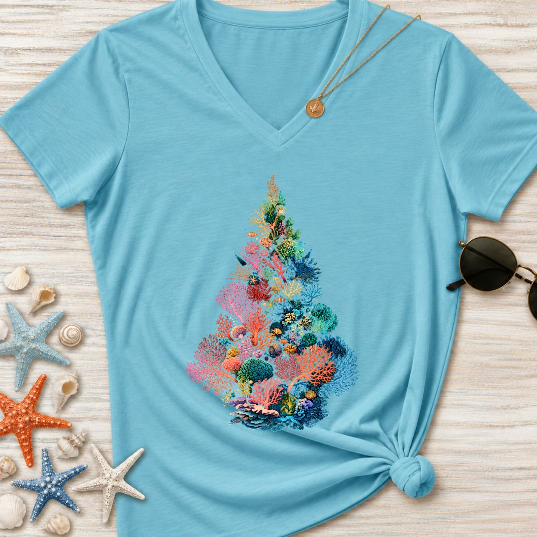 Coral Christmas Tree Women's V-Neck T-Shirt