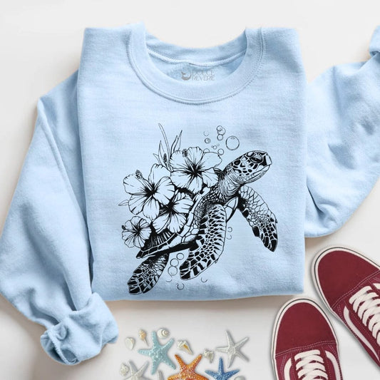 Turtle & Flowers Sweatshirt S / Light Blue