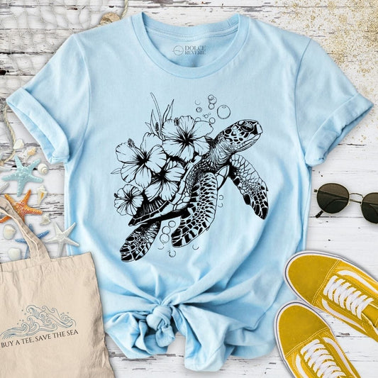 Turtle Flowers T-Shirt Light Blue / S