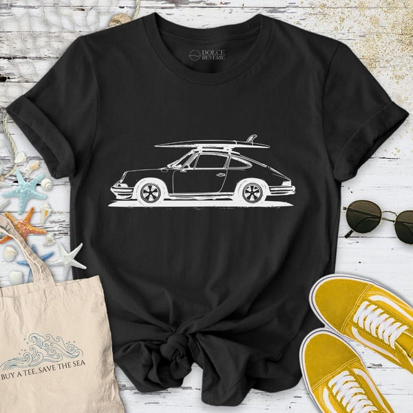 Eco-Friendly Vintage Porsche & Surfboard T-Shirt | Ocean & Marine