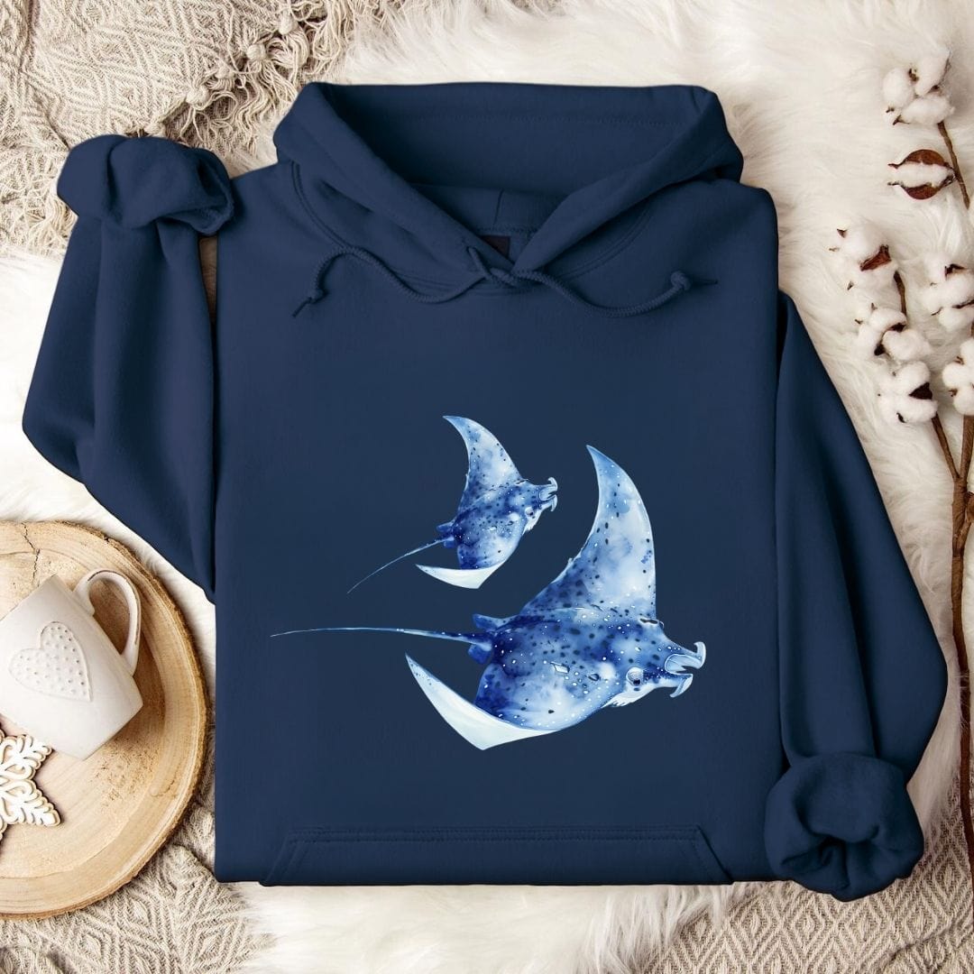 Watercolor Manta Rays Hoodie Navy / S
