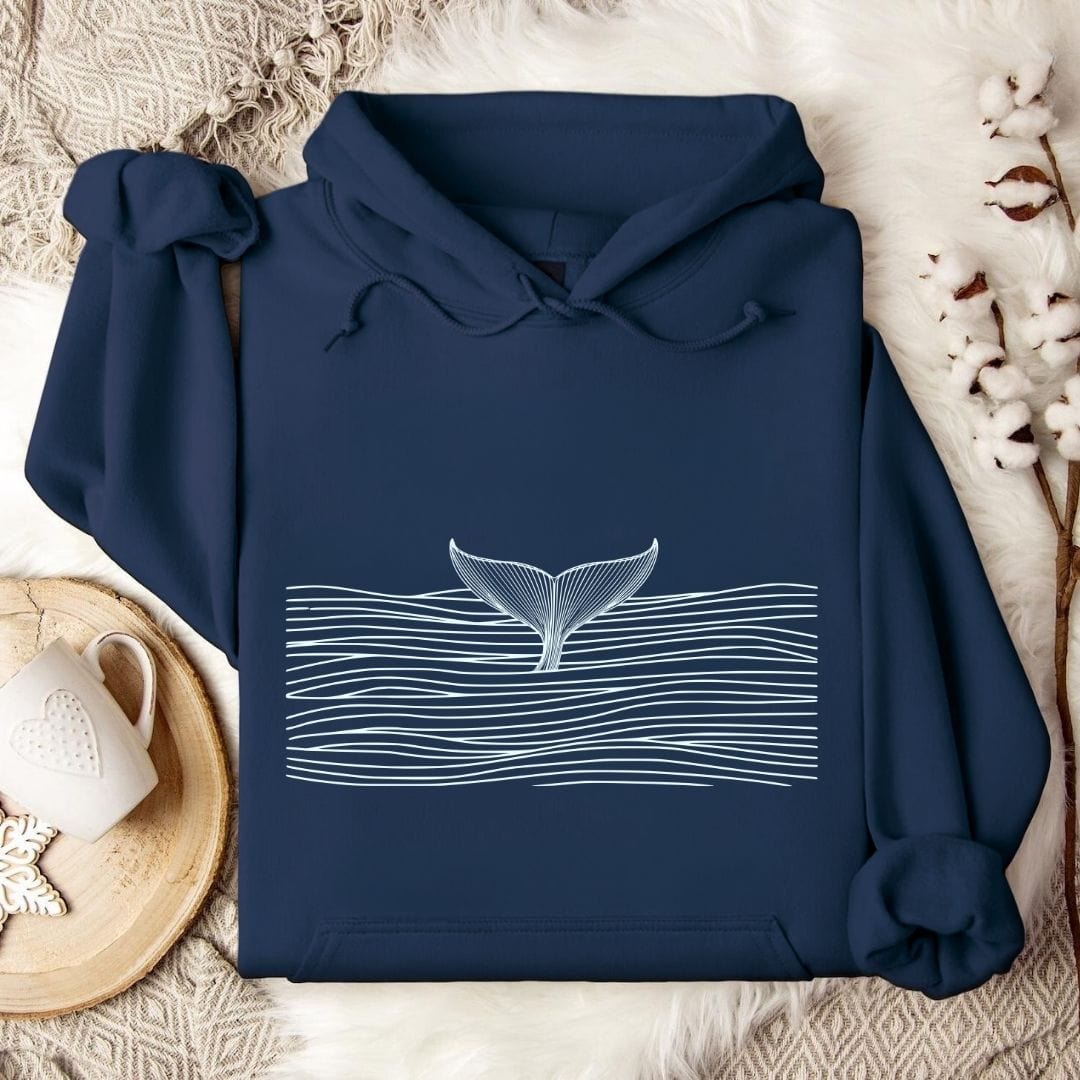 Whale in Sea Of Lines Hoodie Navy / S