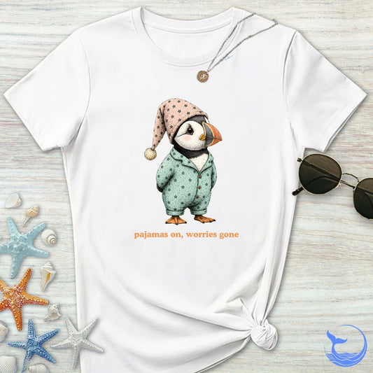 Pajamas On Worries Gone, Puffin Women's T-Shirt