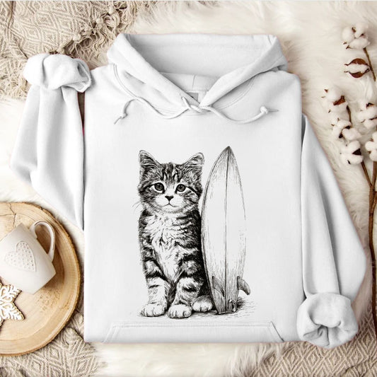Surfer Cat Hoodie in White - Dolce Reverie