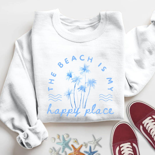 The Beach Is My Happy Place Sweatshirt in White - Dolce Reverie
