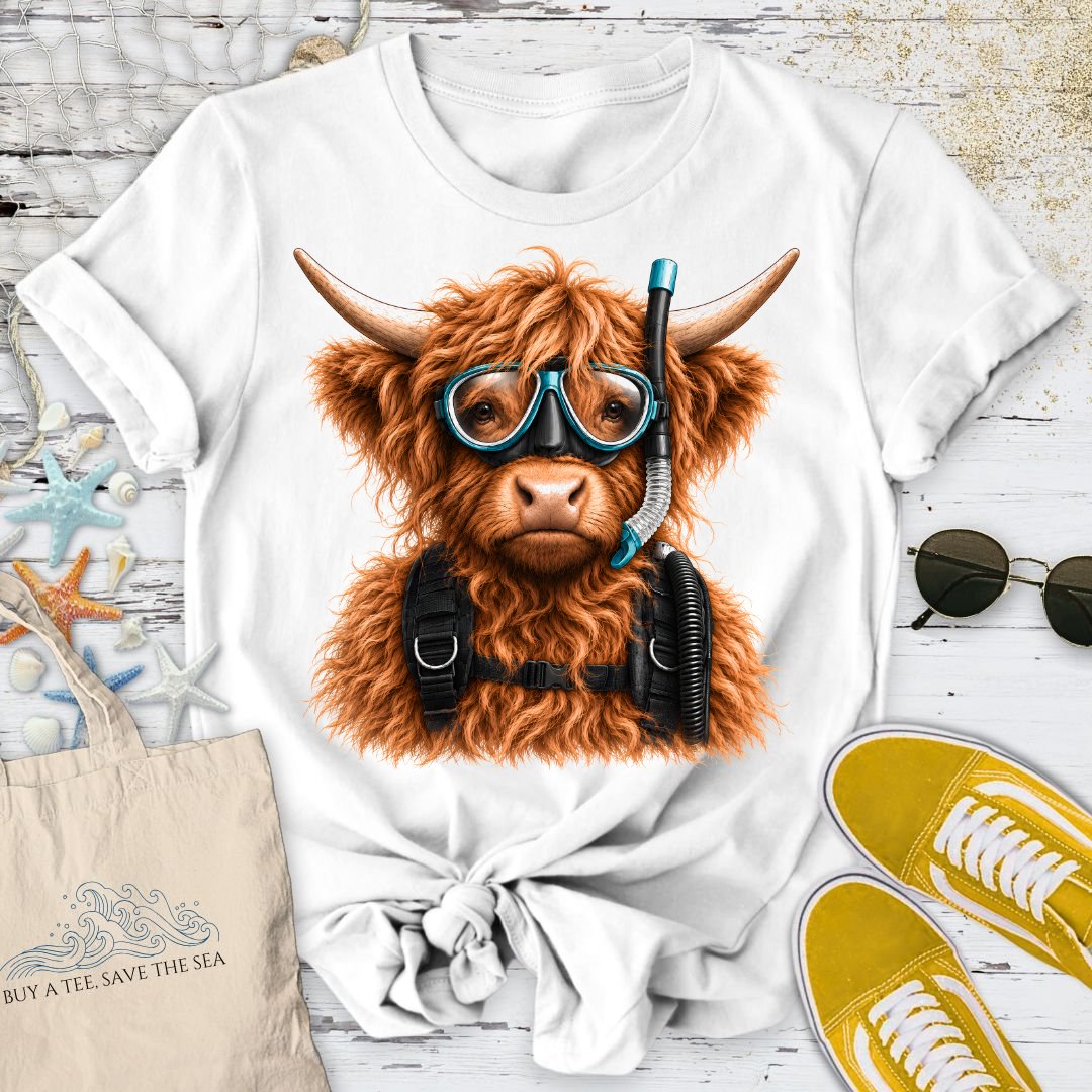 Scuba Diver Highland Cow T-Shirt in White - Dolce Reverie