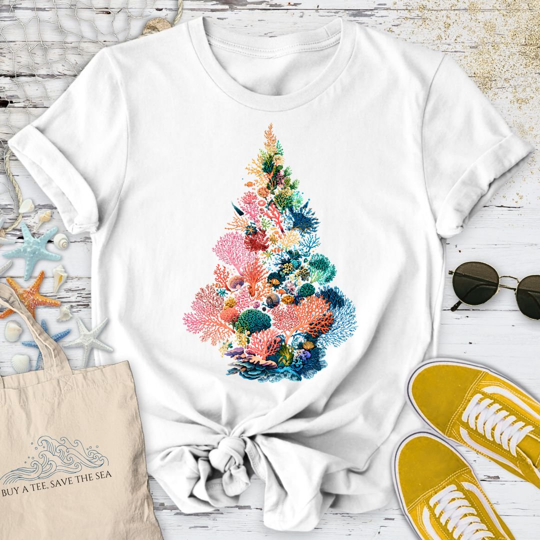 Coral Christmas Tree T-Shirt in White - Dolce Reverie