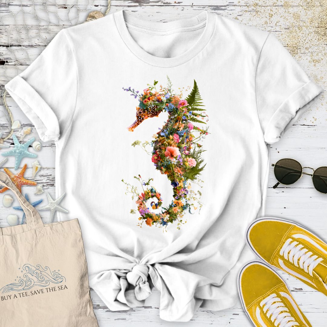 Floral Seahorse T-Shirt in White - Dolce Reverie