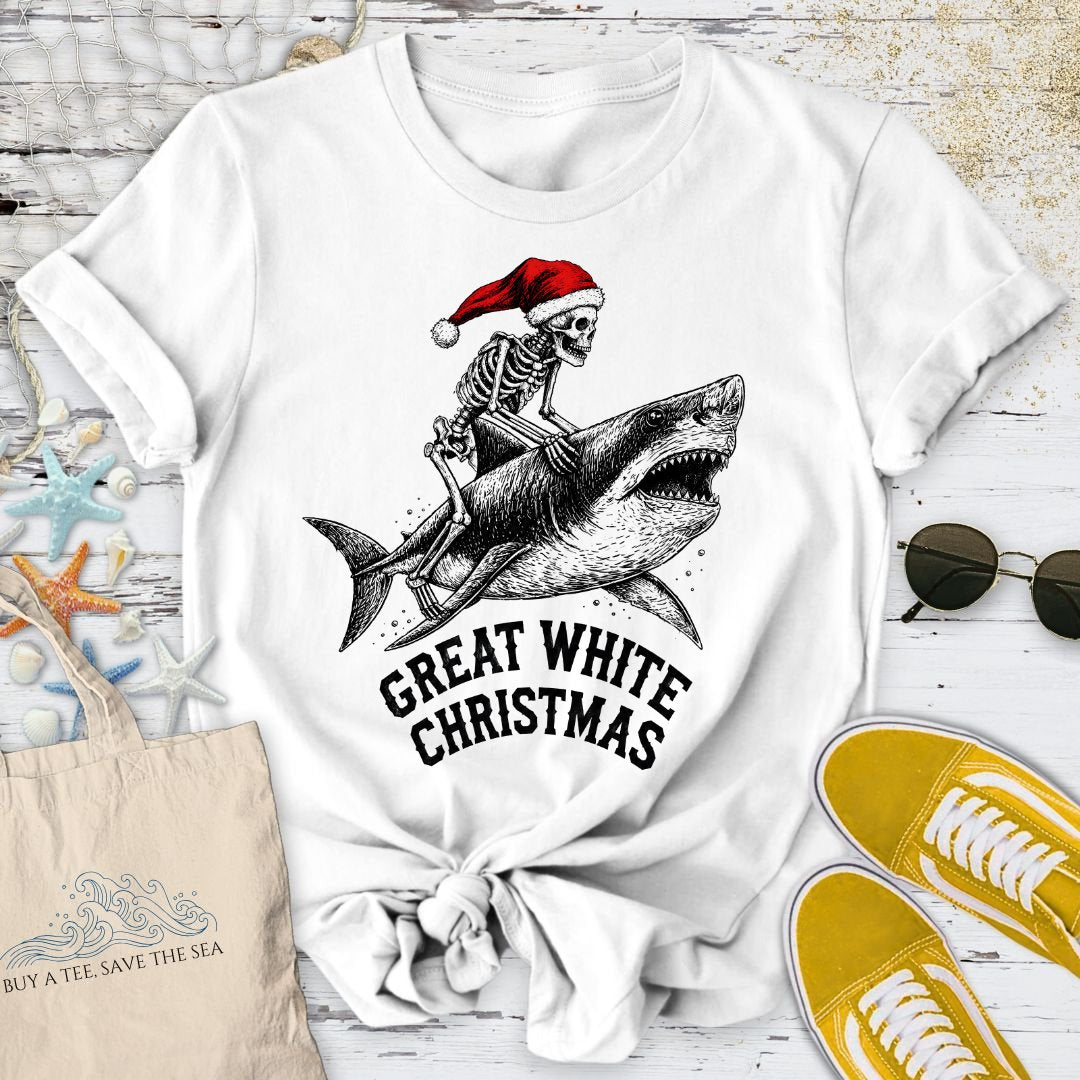 Skeleton Santa Shark T-Shirt in White - Dolce Reverie