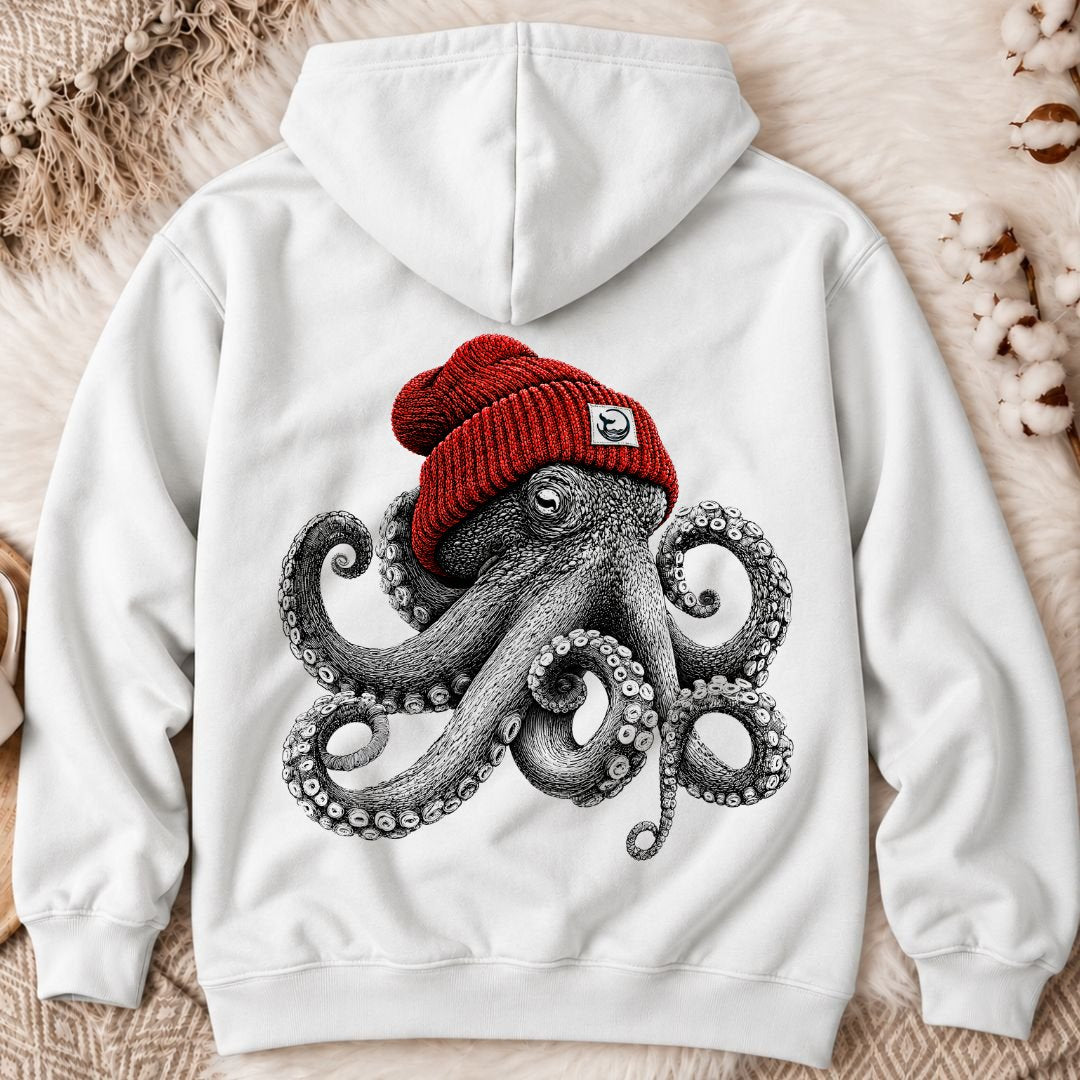 Red Beanie Octopus Back Print Hoodie
