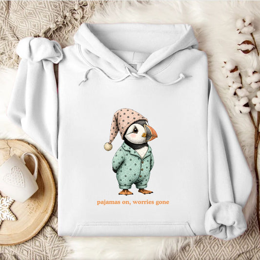 Pajamas On Worries Gone, Puffin Hoodie in White - Dolce Reverie